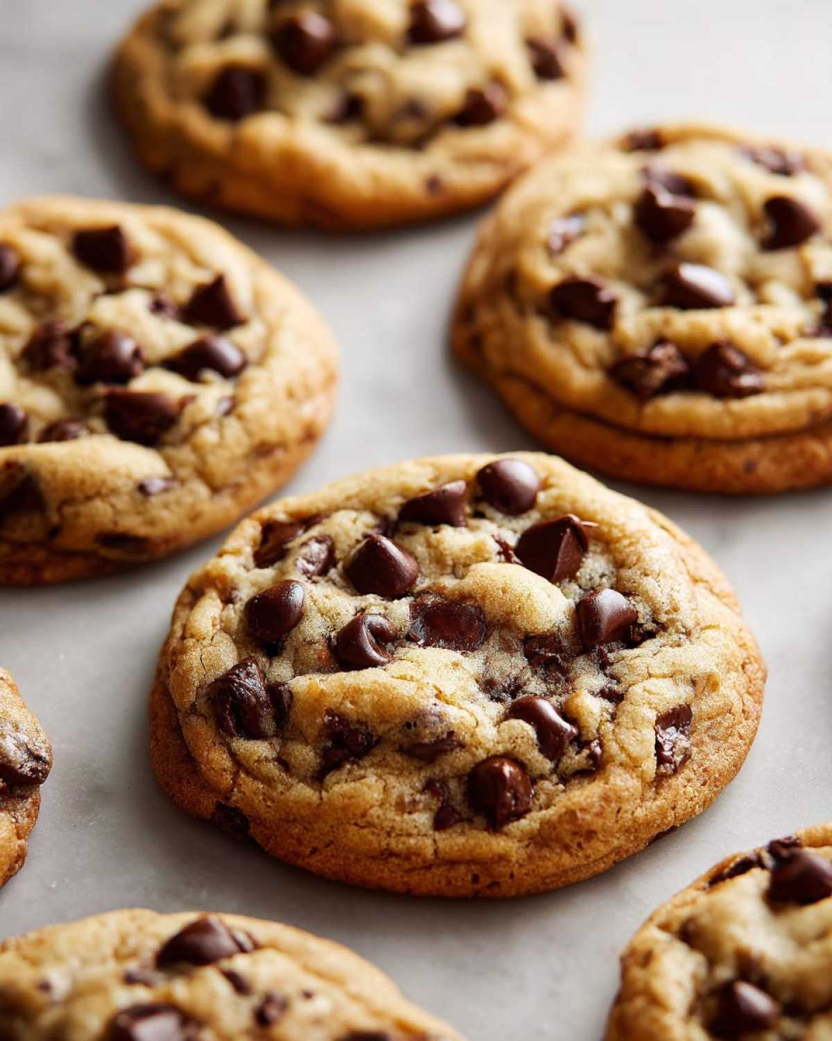 Close-up of several soft, chewy chocolate chip pudding cookies cooling on a light surface.