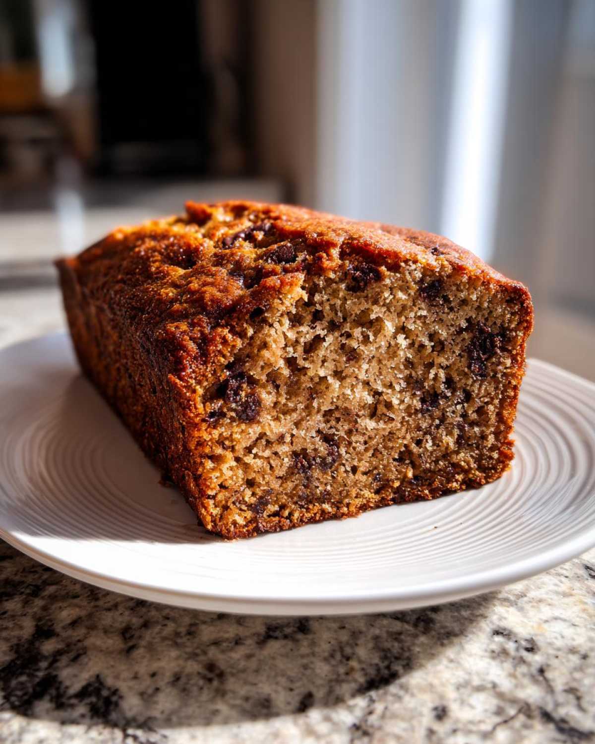 A close-up of a chocolate chip vegan banana bread loaf, showing its moist texture and dark golden crust, resting on a white plate.