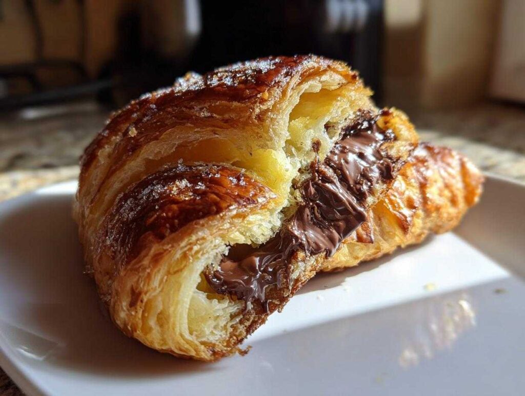 A flaky, golden-brown chocolate croissant, split open to show melted chocolate filling, dusted with sugar.