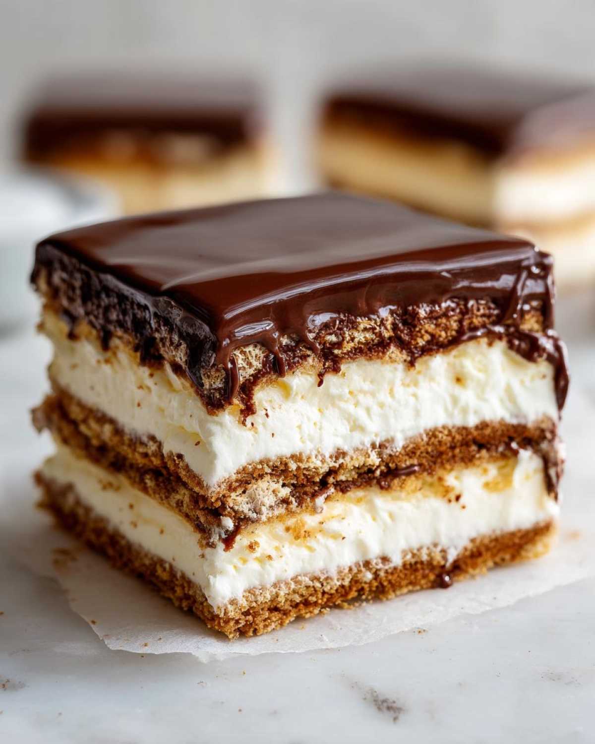 Close-up of a layered slice of chocolate eclair cake showing graham cracker layers, white cream filling, and glossy chocolate topping.