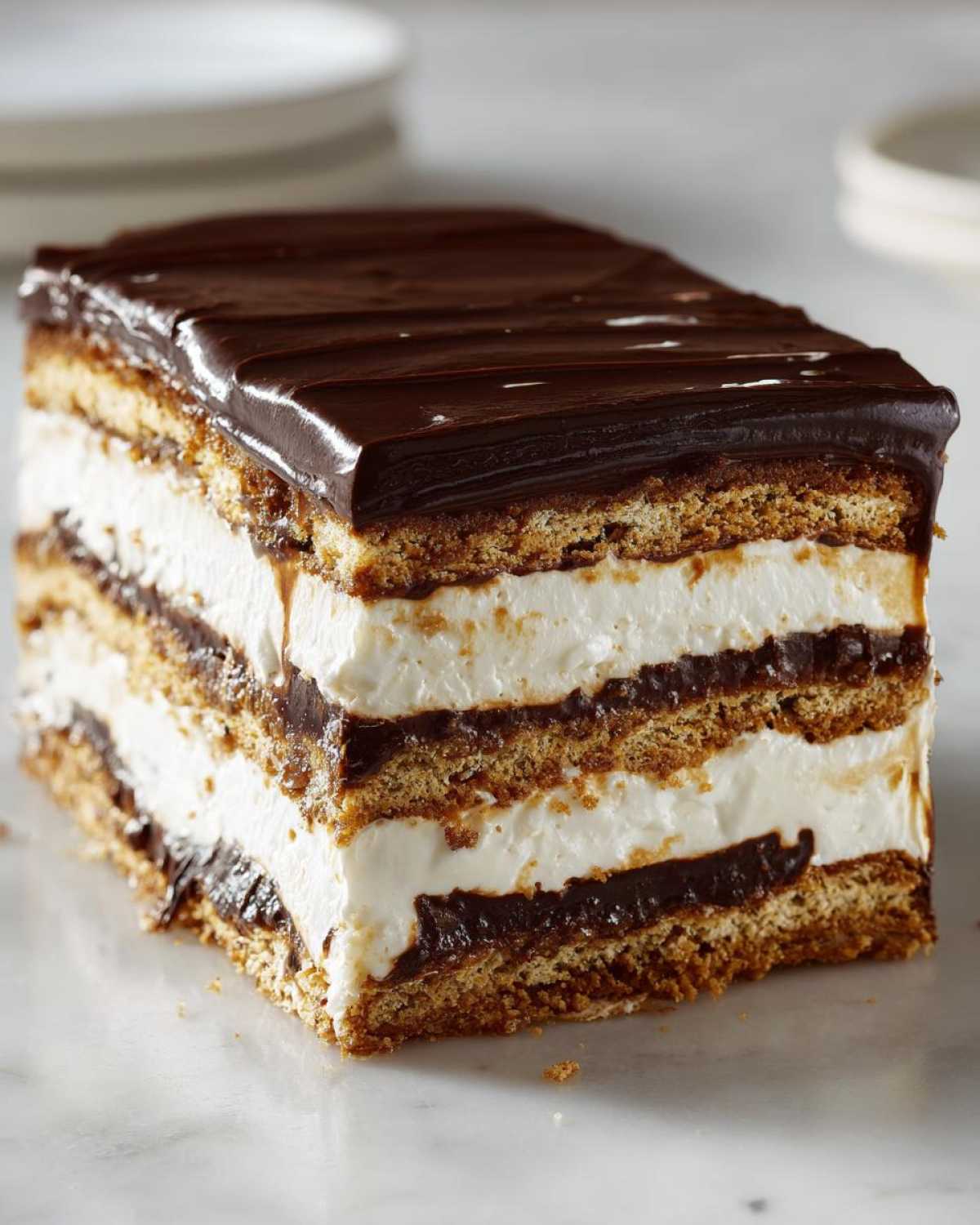 A perfect slice of chocolate eclair cake showing layers of graham crackers, cream filling, and chocolate ganache topping.
