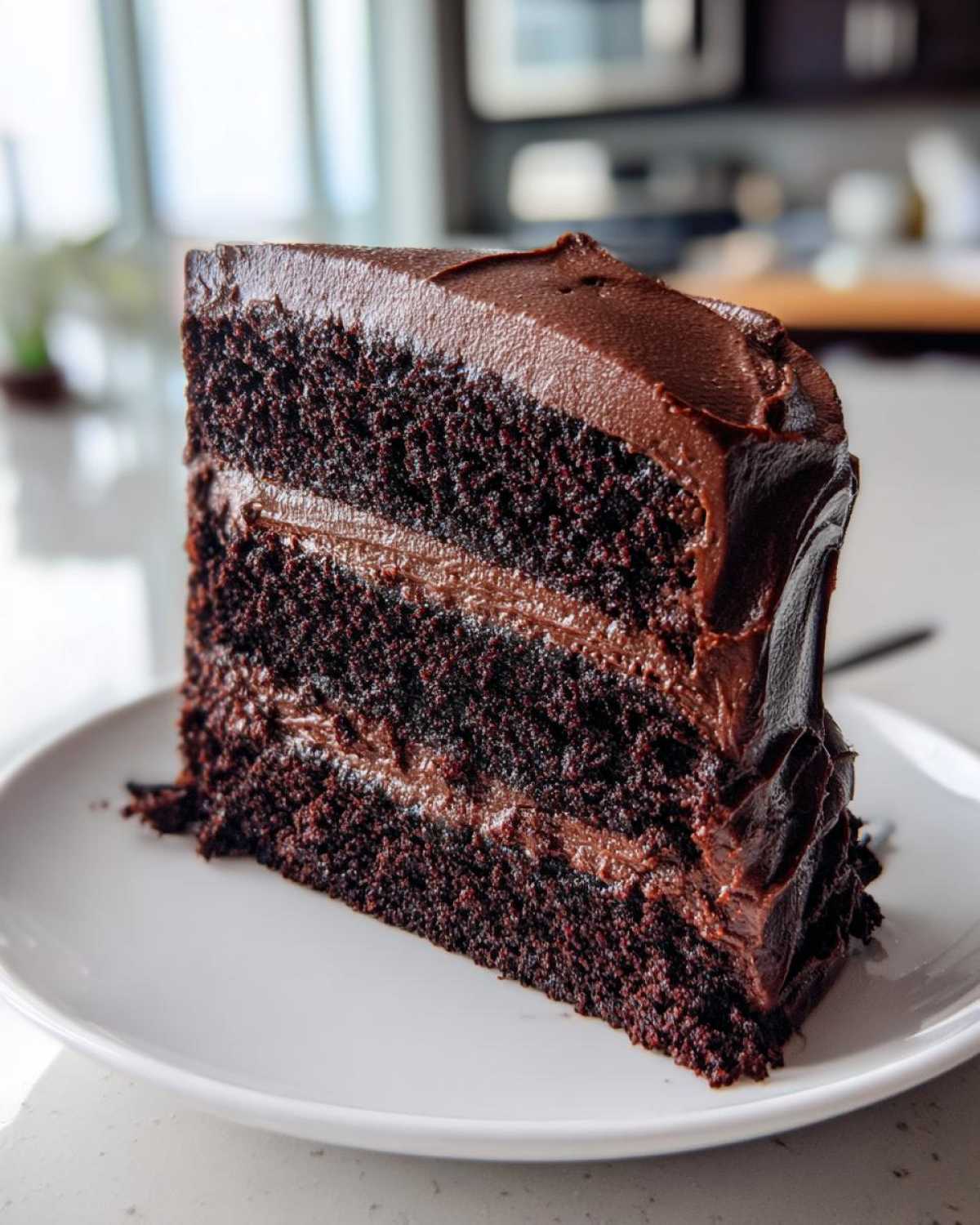 A decadent slice of multi-layered chocolate fudge cake covered in thick chocolate frosting on a white plate.