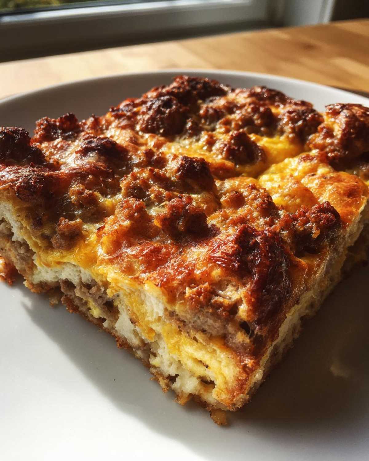 A close-up slice of a baked Christmas breakfast casserole featuring sausage, eggs, and a golden-brown cheesy top.