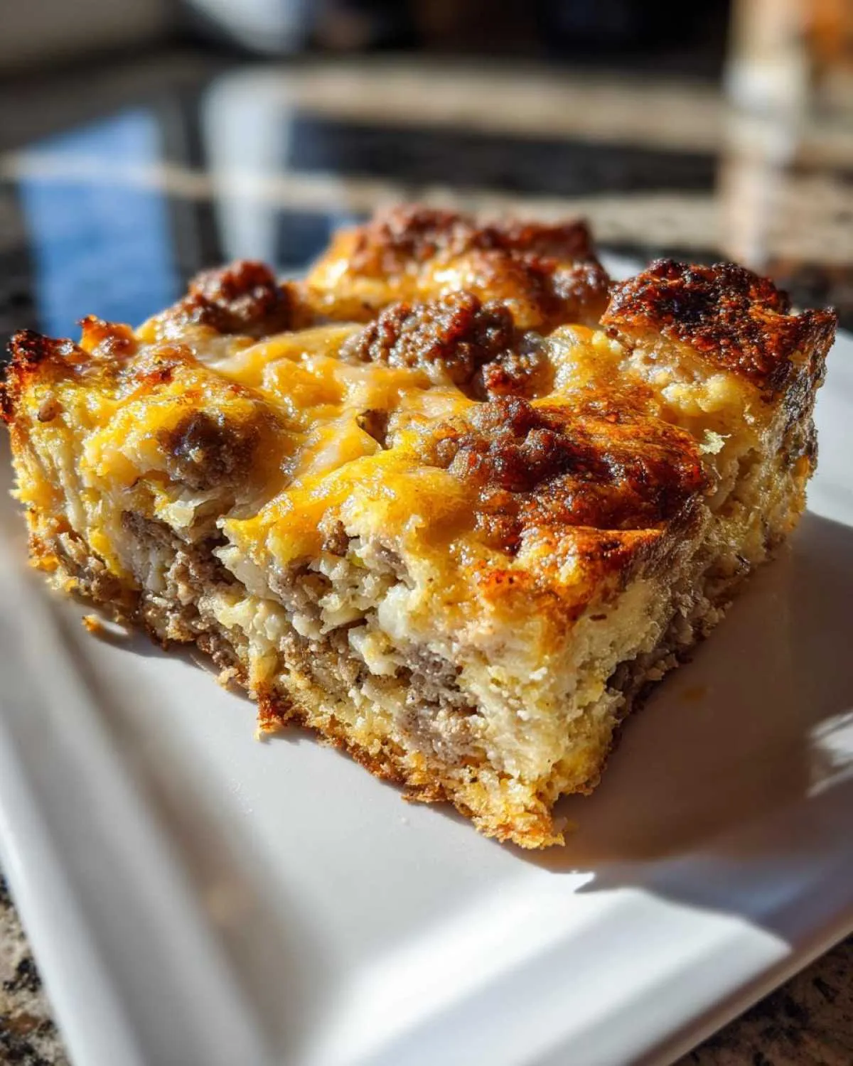 A golden-brown, square slice of Christmas breakfast casserole featuring sausage, eggs, and melted cheese on a white plate.
