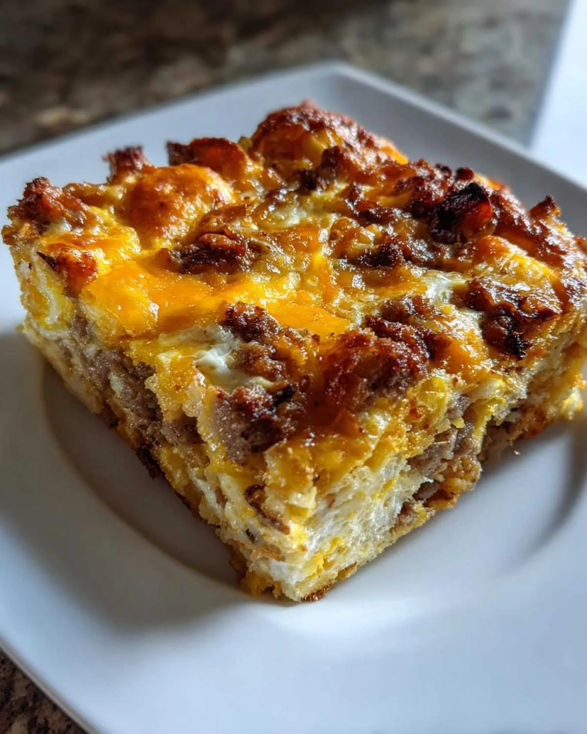 A close-up of a square slice of Christmas breakfast casserole featuring sausage, eggs, and melted cheddar cheese on a white plate.