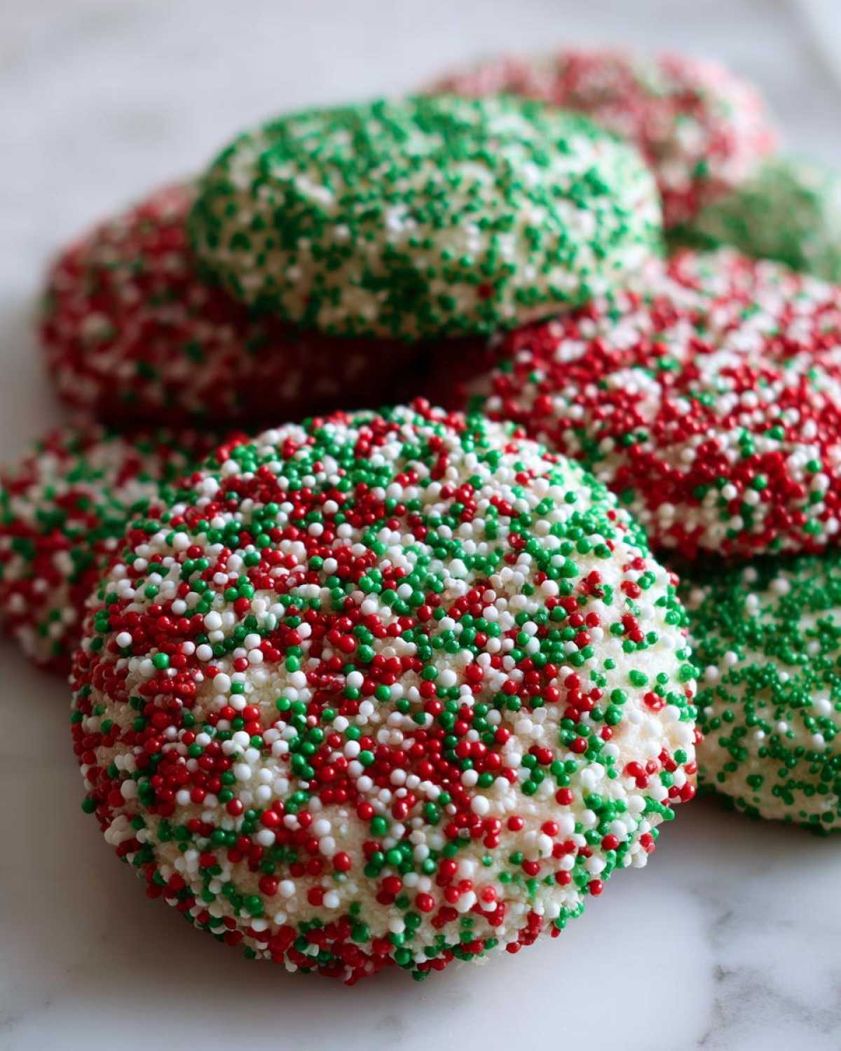 A close-up of several soft, round christmas sprinkle sugar cookies covered in red, green, and white nonpareils.