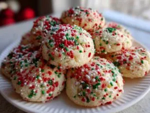 A close-up of a stack of soft, round christmas sprinkle sugar cookies covered in red, green, and white holiday sprinkles.