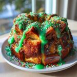 A pull-apart bread shaped like a Christmas tree, covered in bright green icing and colorful sprinkles, resembling Christmas tree cinnamon rolls.
