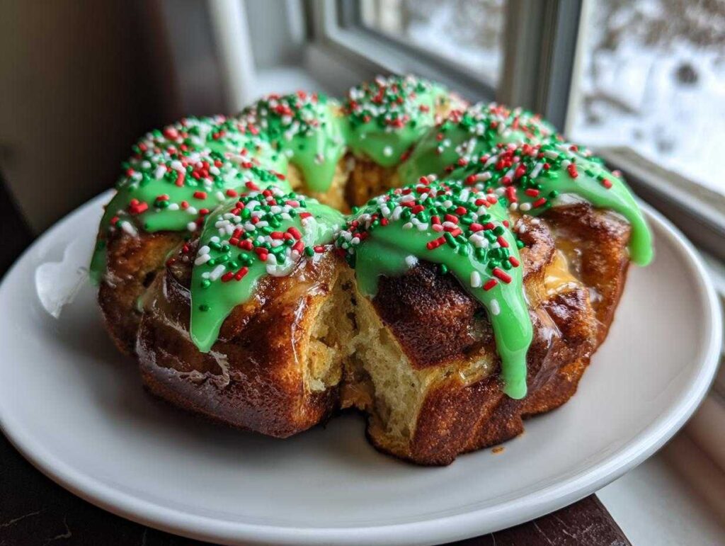 A ring of baked Christmas tree cinnamon rolls topped with bright green icing and red, white, and green sprinkles.