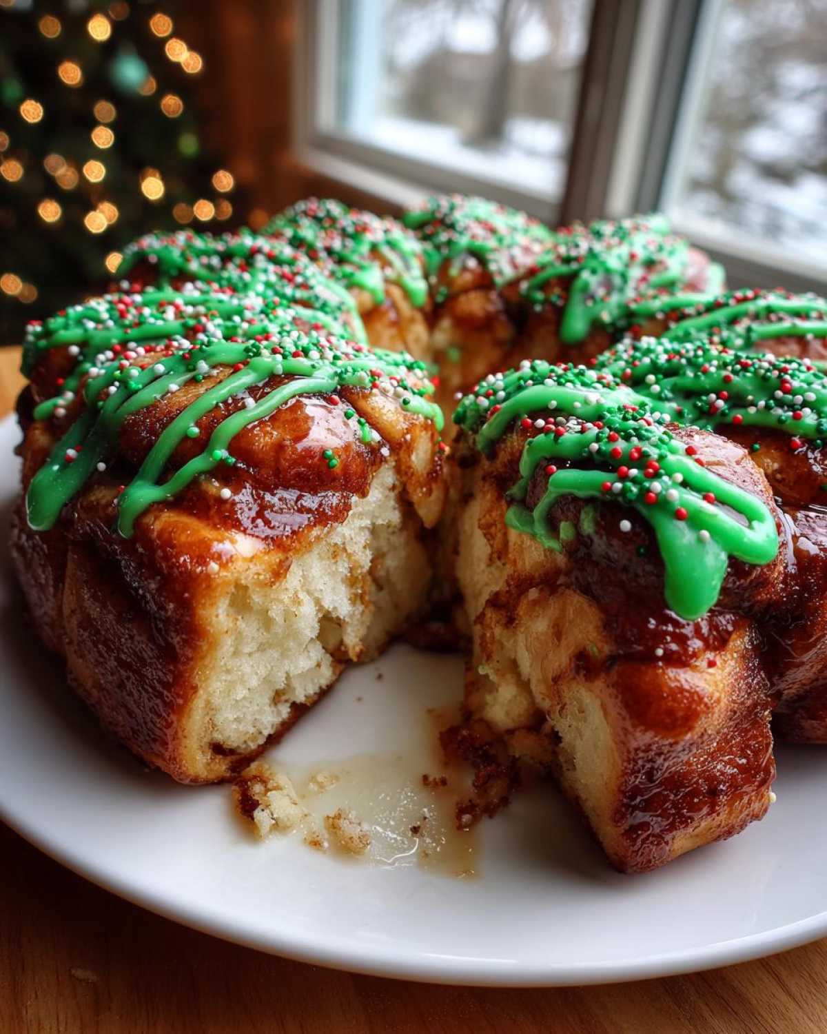 A cluster of freshly baked Christmas tree cinnamon rolls, drizzled with bright green icing and festive red and white sprinkles.