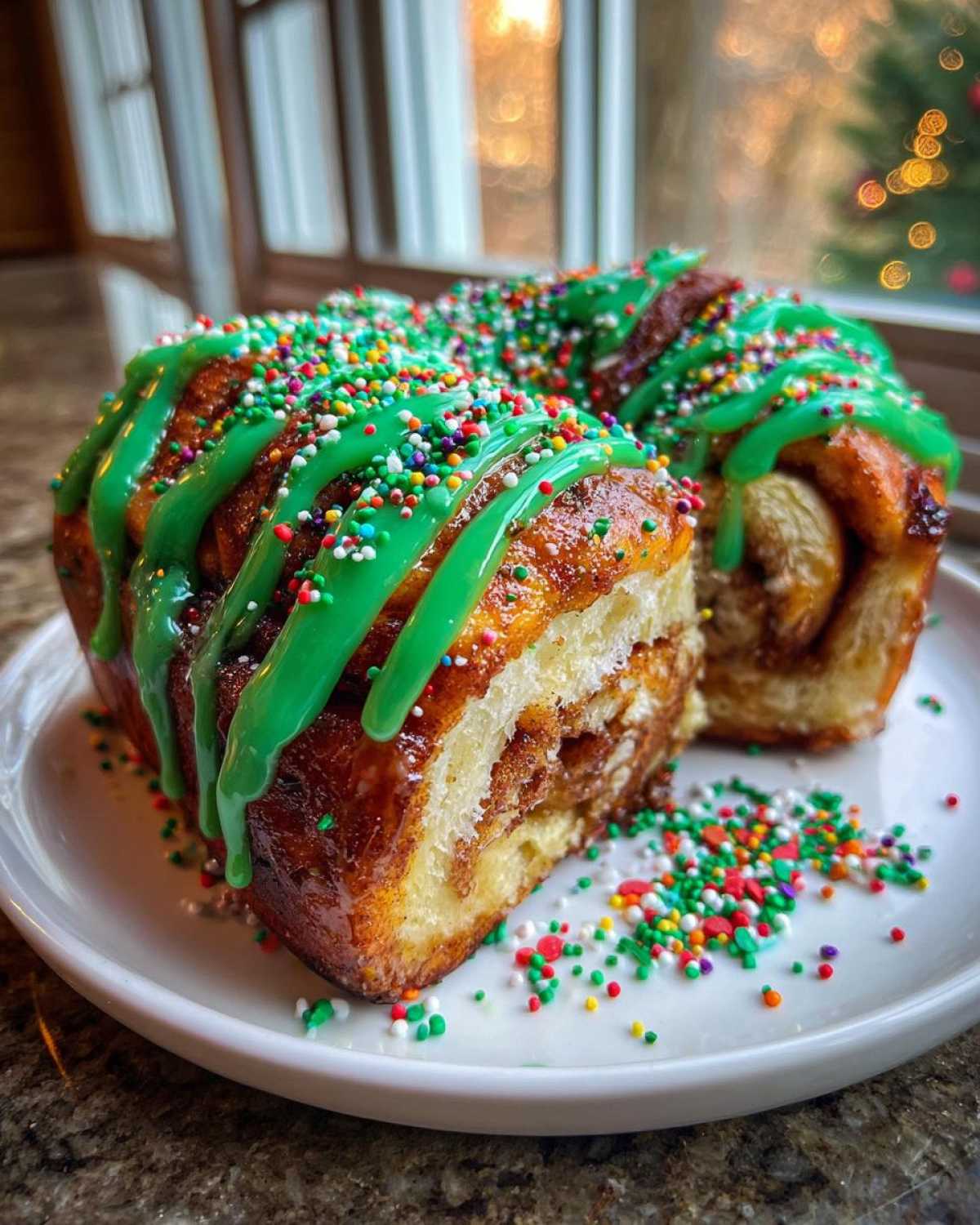 Close-up of two Christmas tree cinnamon rolls topped with bright green icing and colorful holiday sprinkles.