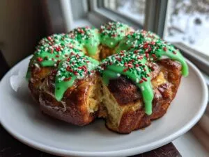 A ring of baked Christmas tree cinnamon rolls topped with bright green icing and red, white, and green sprinkles.