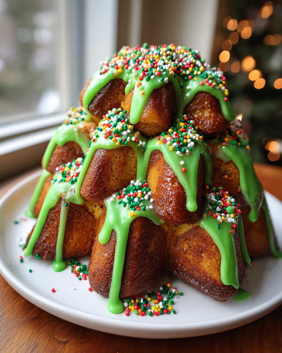 A stack of baked rolls shaped like a Christmas tree, drizzled with bright green icing and colorful sprinkles, representing Christmas tree cinnamon rolls.