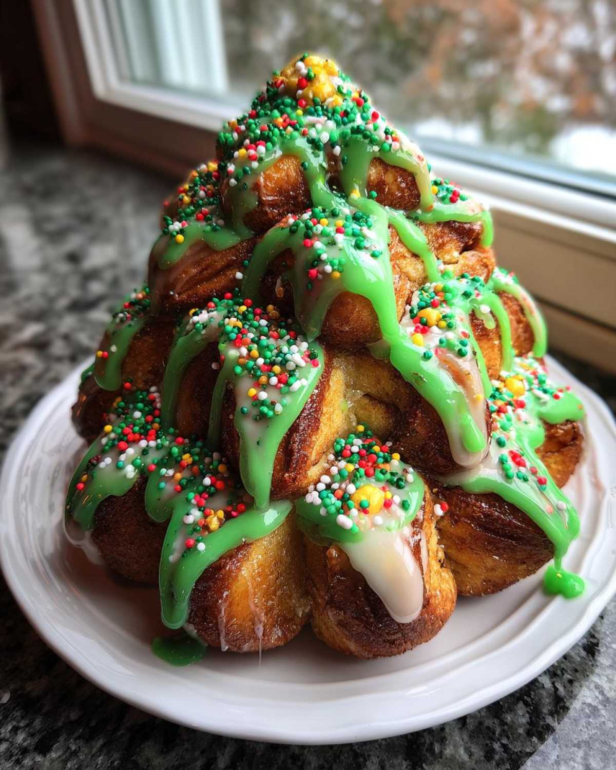 A stack of baked cinnamon rolls shaped like a Christmas tree, drizzled with green icing and festive sprinkles.