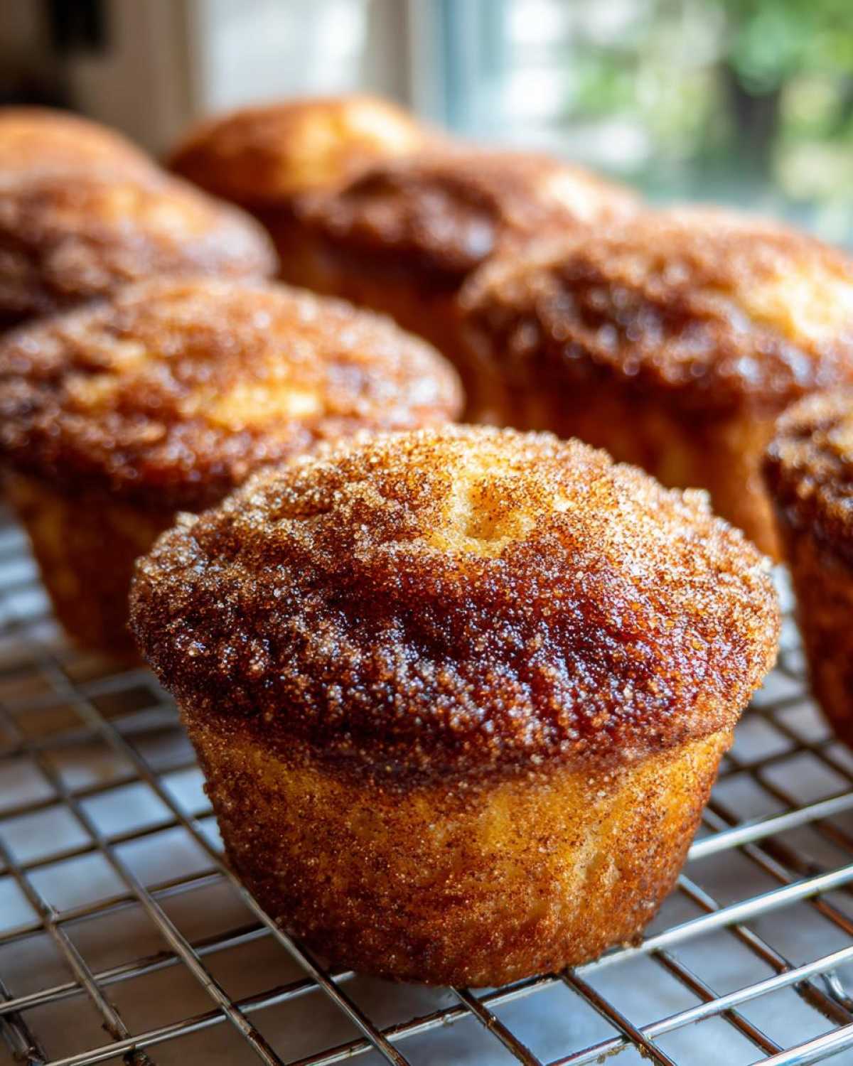 A close-up of a freshly baked cinnamon sugar french toast muffin coated in sparkling cinnamon sugar, resting on a wire cooling rack.