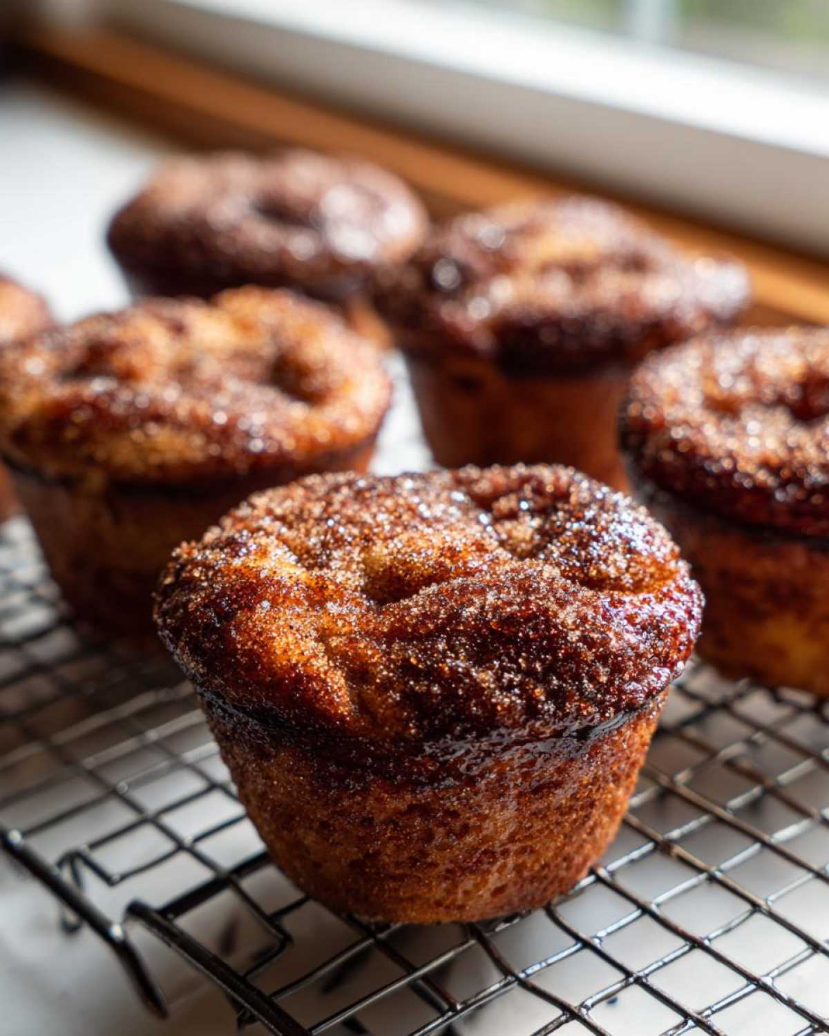 Close-up of freshly baked cinnamon sugar french toast muffins cooling on a wire rack.