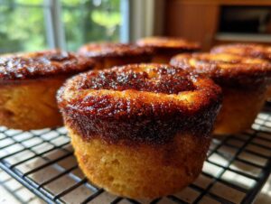 Close-up of several golden cinnamon sugar french toast muffins cooling on a wire rack with a bright window background.