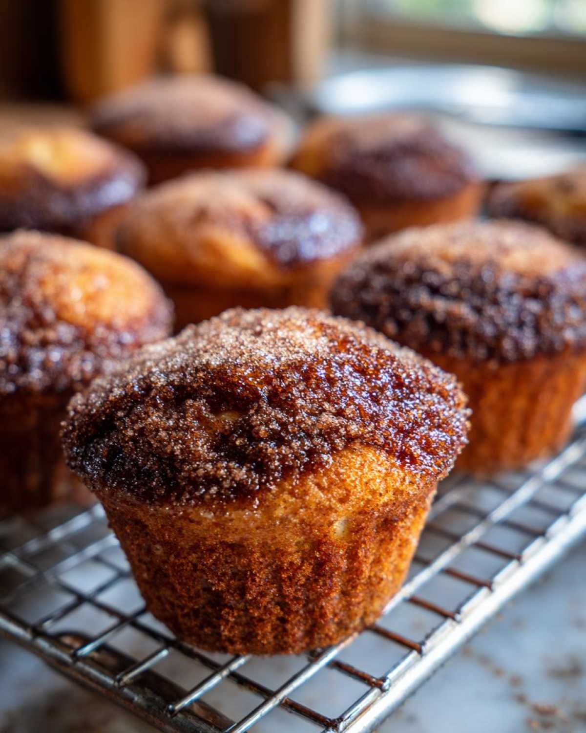 A close-up of a freshly baked cinnamon sugar french toast muffin topped with a thick, sugary crust, resting on a wire cooling rack.