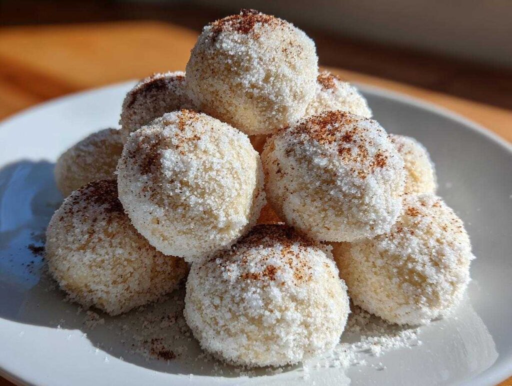 A close-up of a stack of delicious cinnamon sugar snowball cookies coated in white sugar and dusted with cinnamon.