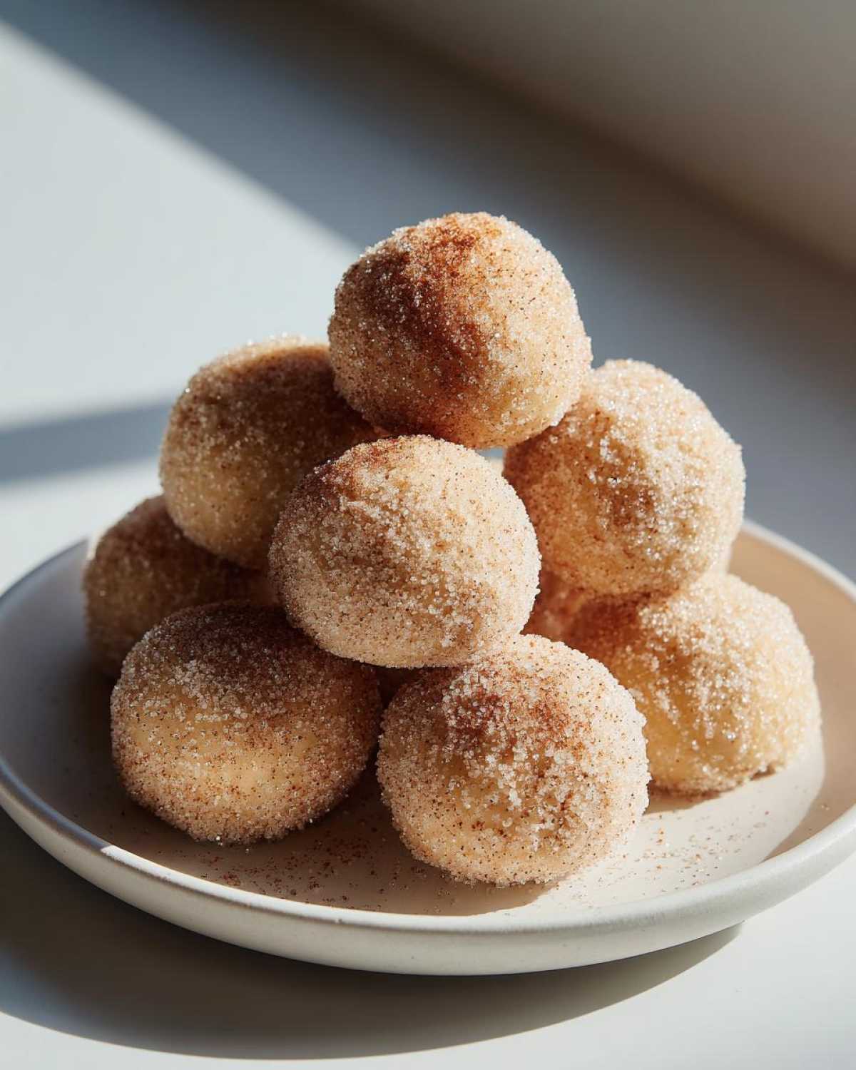 A stack of freshly made cinnamon sugar snowball cookies heavily coated in sparkling sugar and cinnamon.