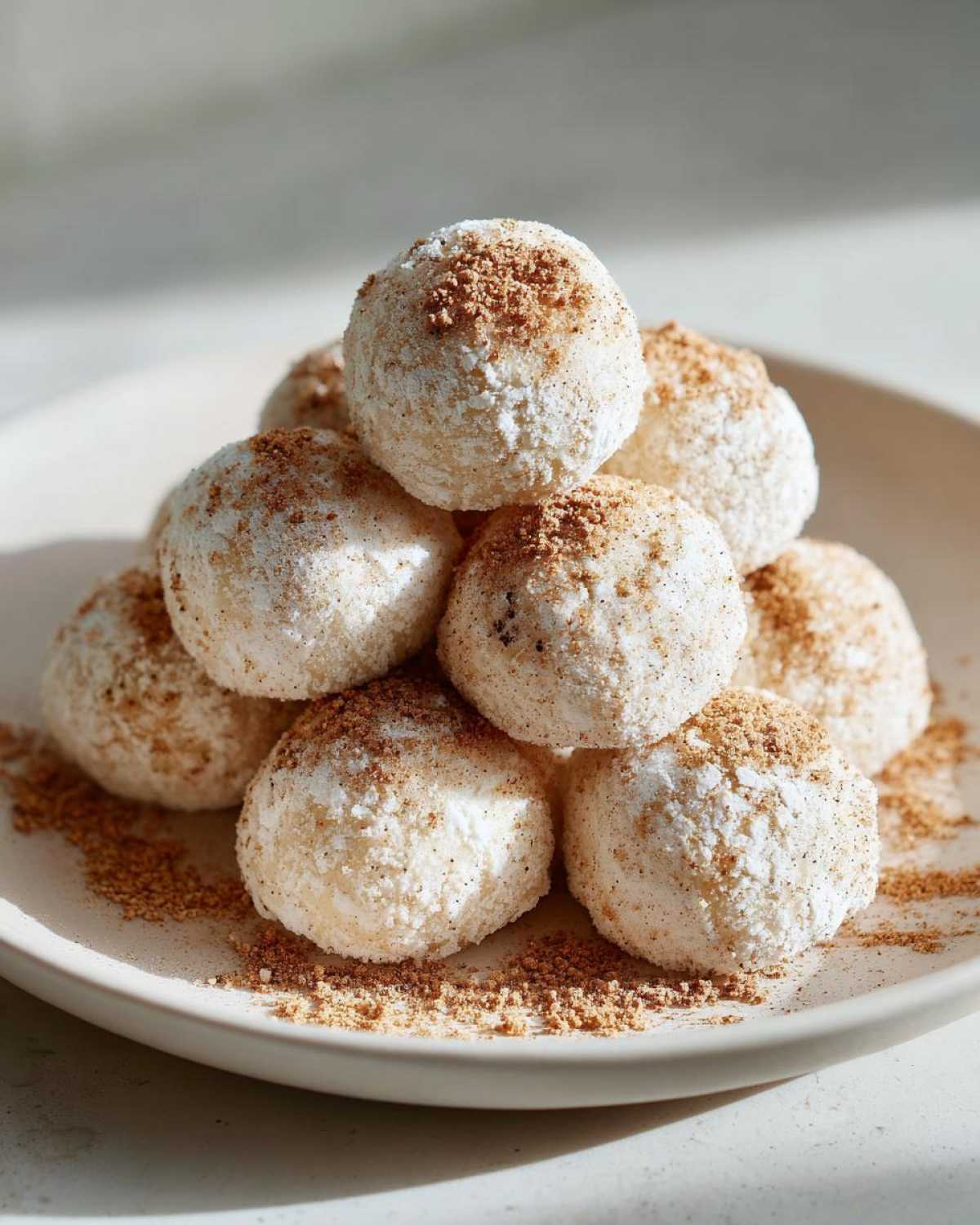 A stack of freshly made cinnamon sugar snowball cookies dusted heavily with powdered sugar and sprinkled with cinnamon sugar.