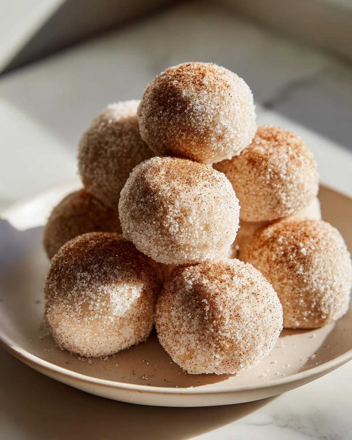 A stack of freshly baked cinnamon sugar snowball cookies generously coated in sparkling sugar.