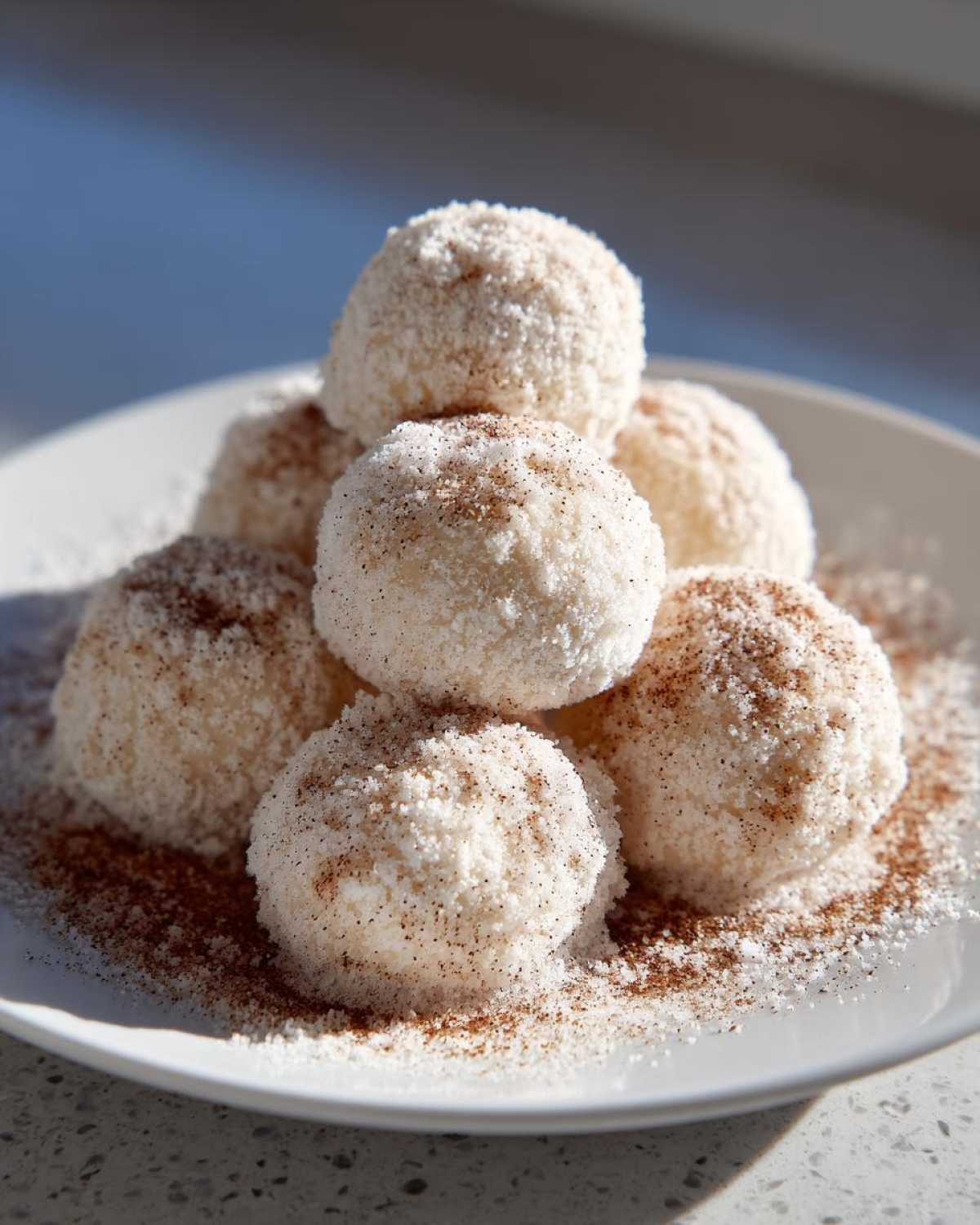 A stack of round cinnamon sugar snowball cookies heavily coated in white sugar and sprinkled with brown cinnamon.