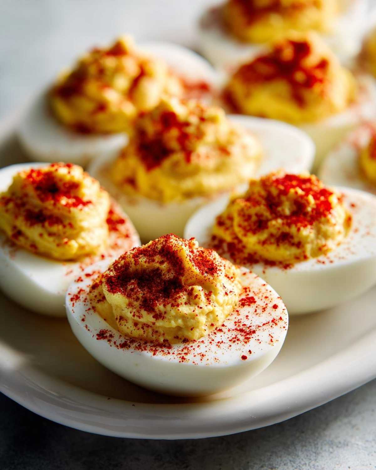 Close-up of several classic deviled eggs, filled with creamy yolk mixture and dusted generously with bright red paprika.