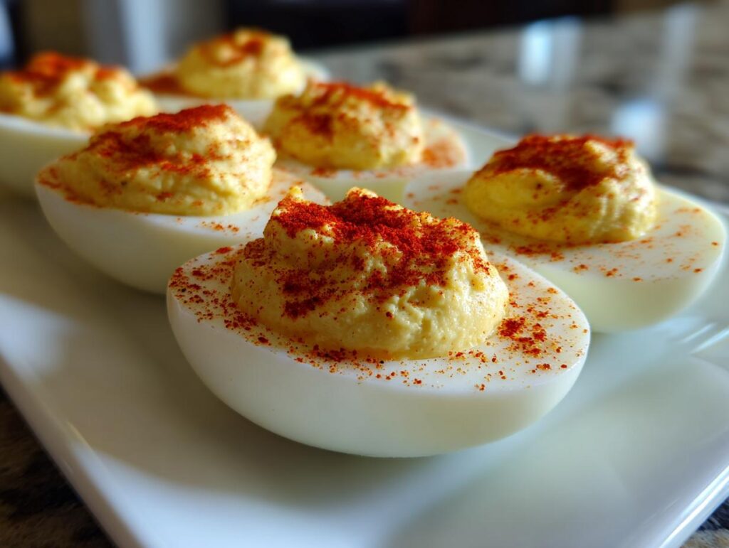 Close-up of several classic deviled eggs garnished with bright red paprika, ready to serve.