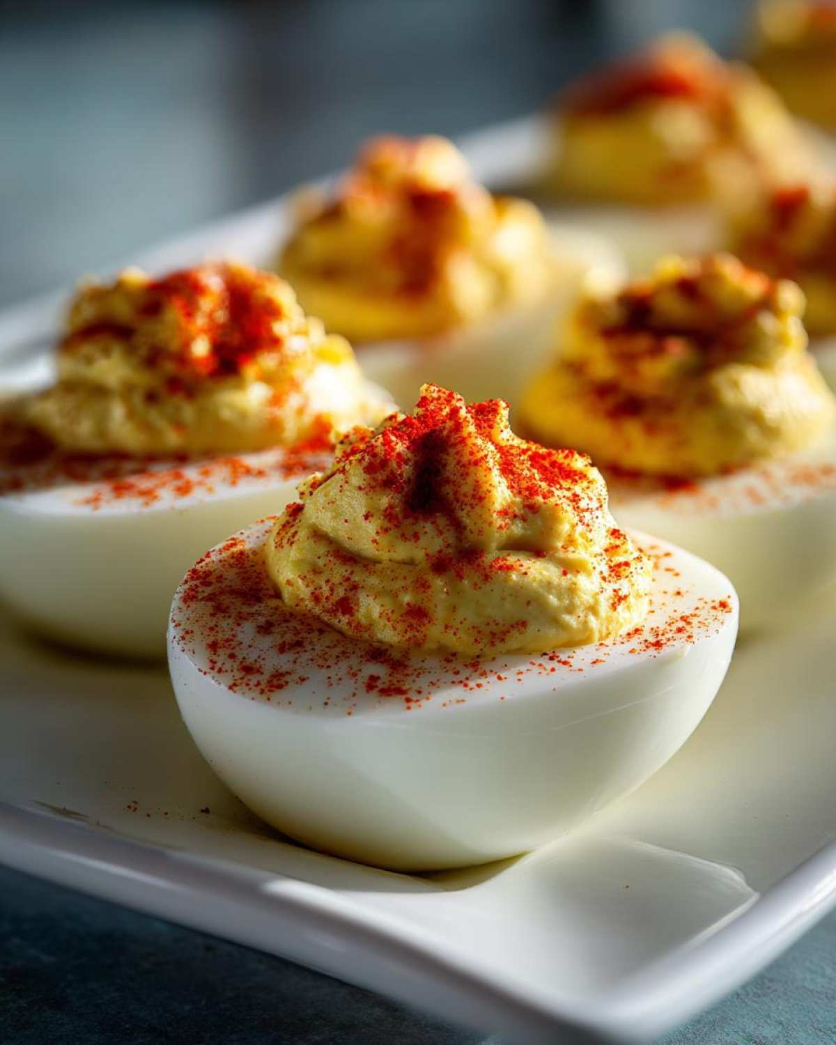 Close-up of creamy, piped classic deviled eggs dusted generously with bright red paprika on a white platter.