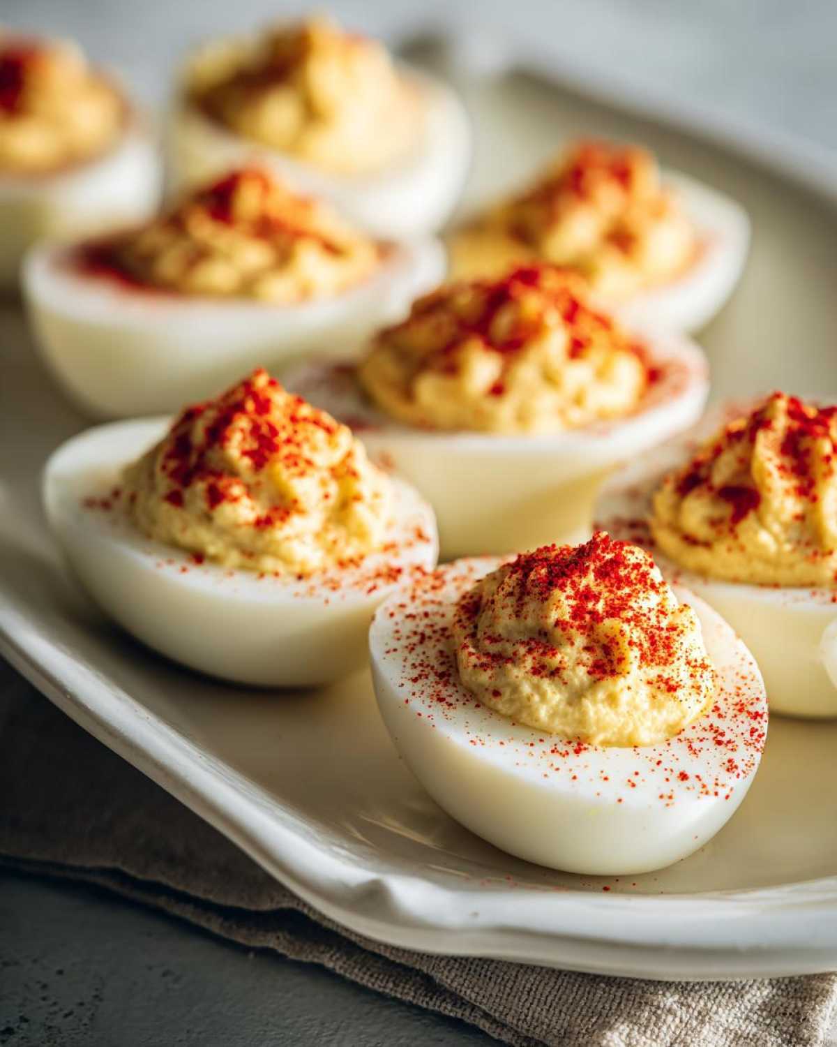 Close-up of several classic deviled eggs piled high with filling and sprinkled with bright red paprika on a white platter.