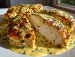 Close-up of perfectly cooked coconut lime chicken, sliced to show the moist interior, covered in a rich, herby sauce.