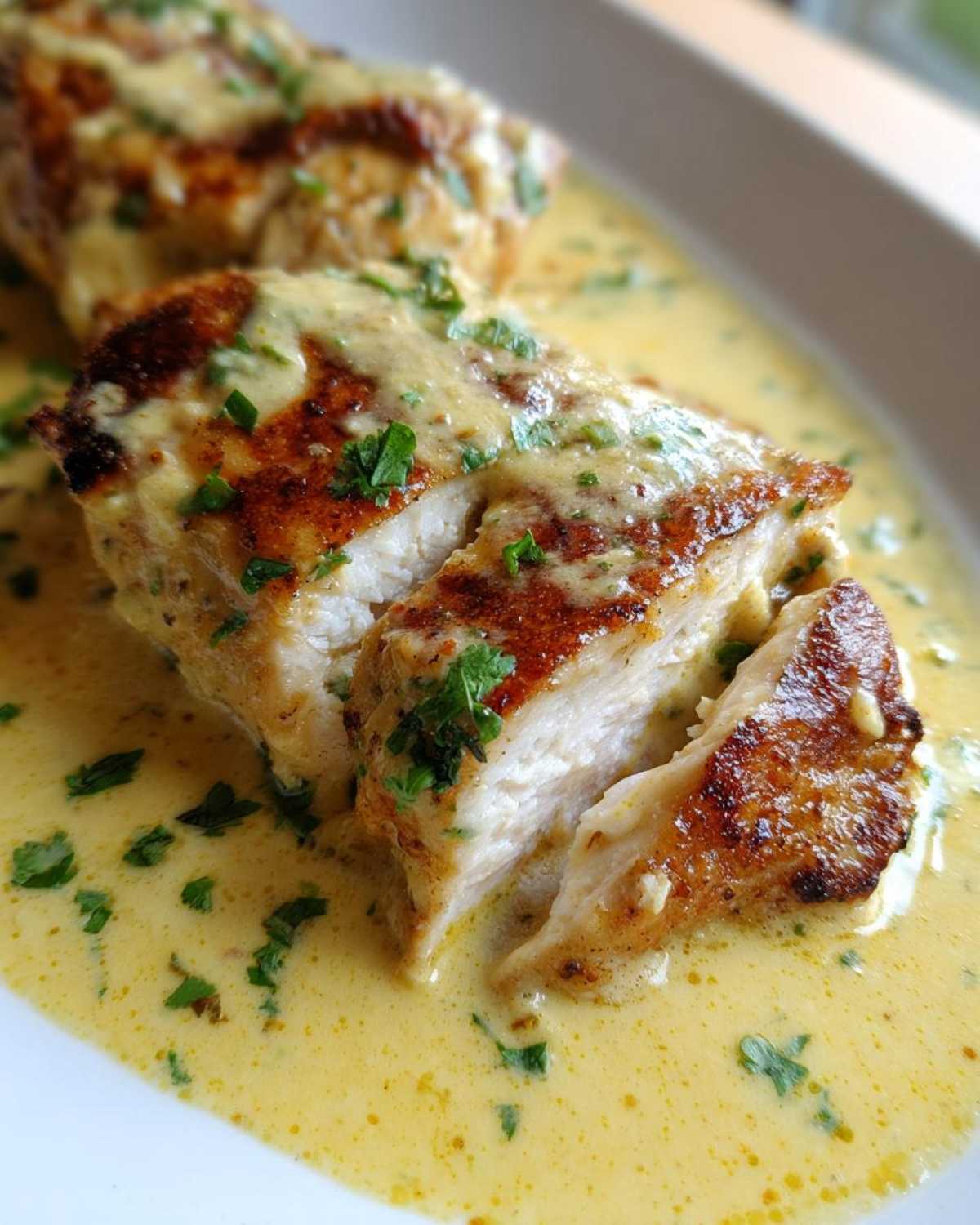 Close-up of sliced coconut lime chicken breast covered in a rich, yellow coconut lime sauce and garnished with parsley.