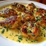 Close-up of pan-seared coconut lime chicken pieces swimming in a rich, creamy yellow sauce garnished with fresh green herbs.