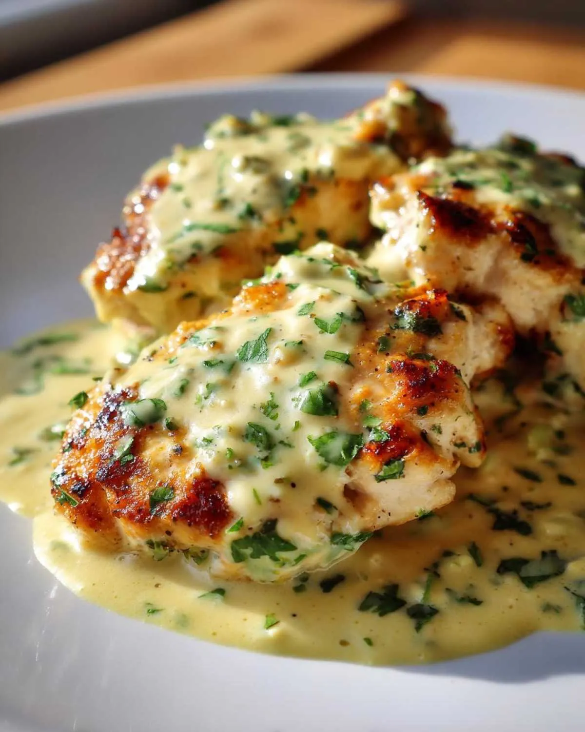 Close-up of seared coconut lime chicken breasts smothered in a creamy, herb-flecked sauce.