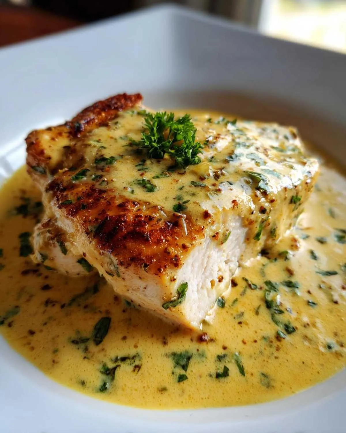 Close-up of a perfectly cooked piece of coconut lime chicken smothered in a rich, yellow sauce with herbs.