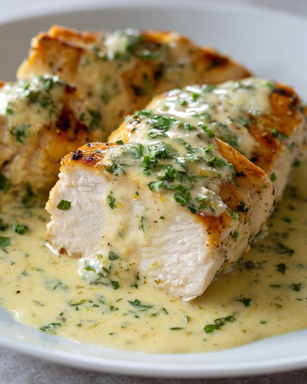 Close-up of perfectly cooked coconut lime chicken breasts sliced open, covered in a creamy, herb-flecked sauce.