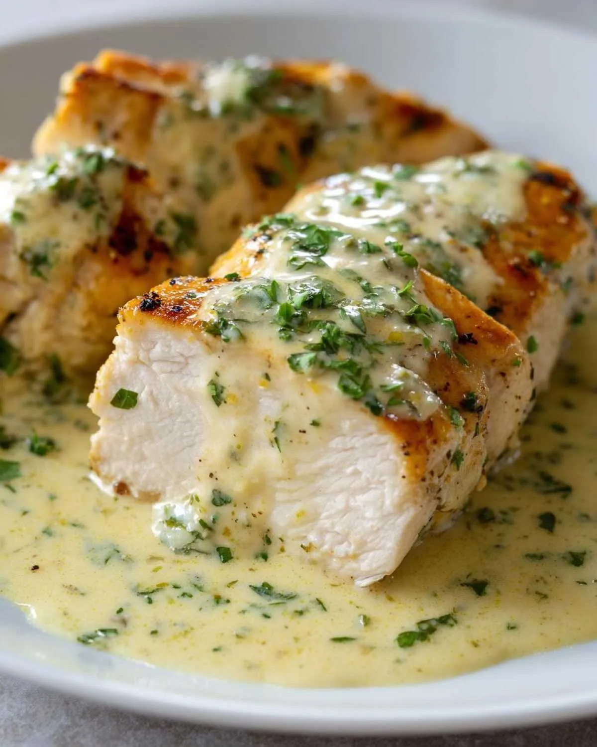Close-up of perfectly cooked coconut lime chicken breasts sliced open, covered in a creamy, herb-flecked sauce.