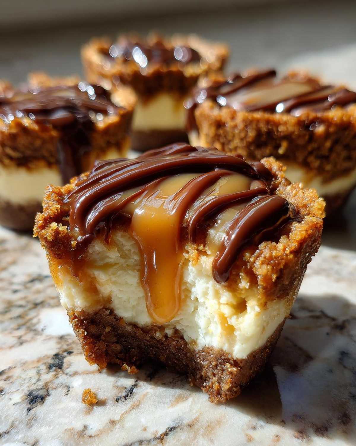 Close-up of a cookie butter cheesecake cup with a bite taken out, showing creamy filling and dripping caramel and chocolate topping.