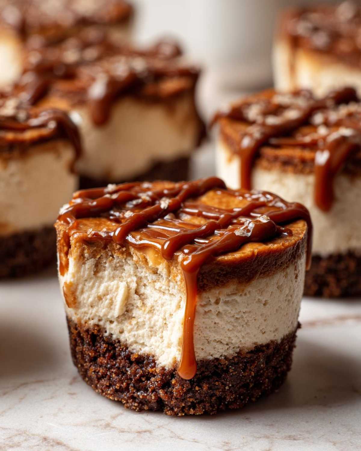 A close-up of a single cookie butter cheesecake cup showing the dark crust, creamy filling, and rich caramel drizzle.