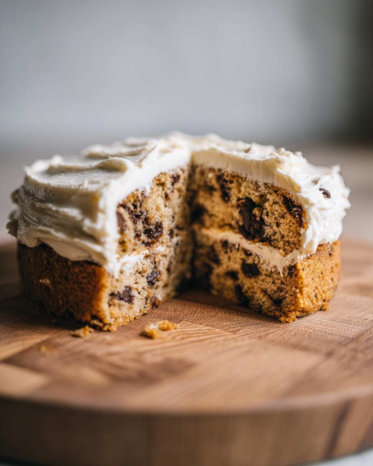 A cross-section view of a rich chocolate chip cookie cake recipe, layered with white frosting.