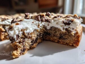Close-up of a thick slice of chocolate chip cookie cake recipe showing a dense, chewy base and a layer of white frosting topped with more chocolate chips.
