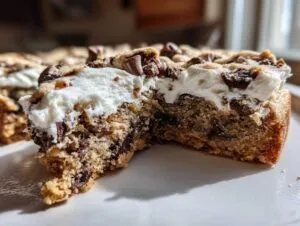 Close-up of a thick slice of chocolate chip cookie cake recipe showing a dense, chewy base and a layer of white frosting topped with more chocolate chips.