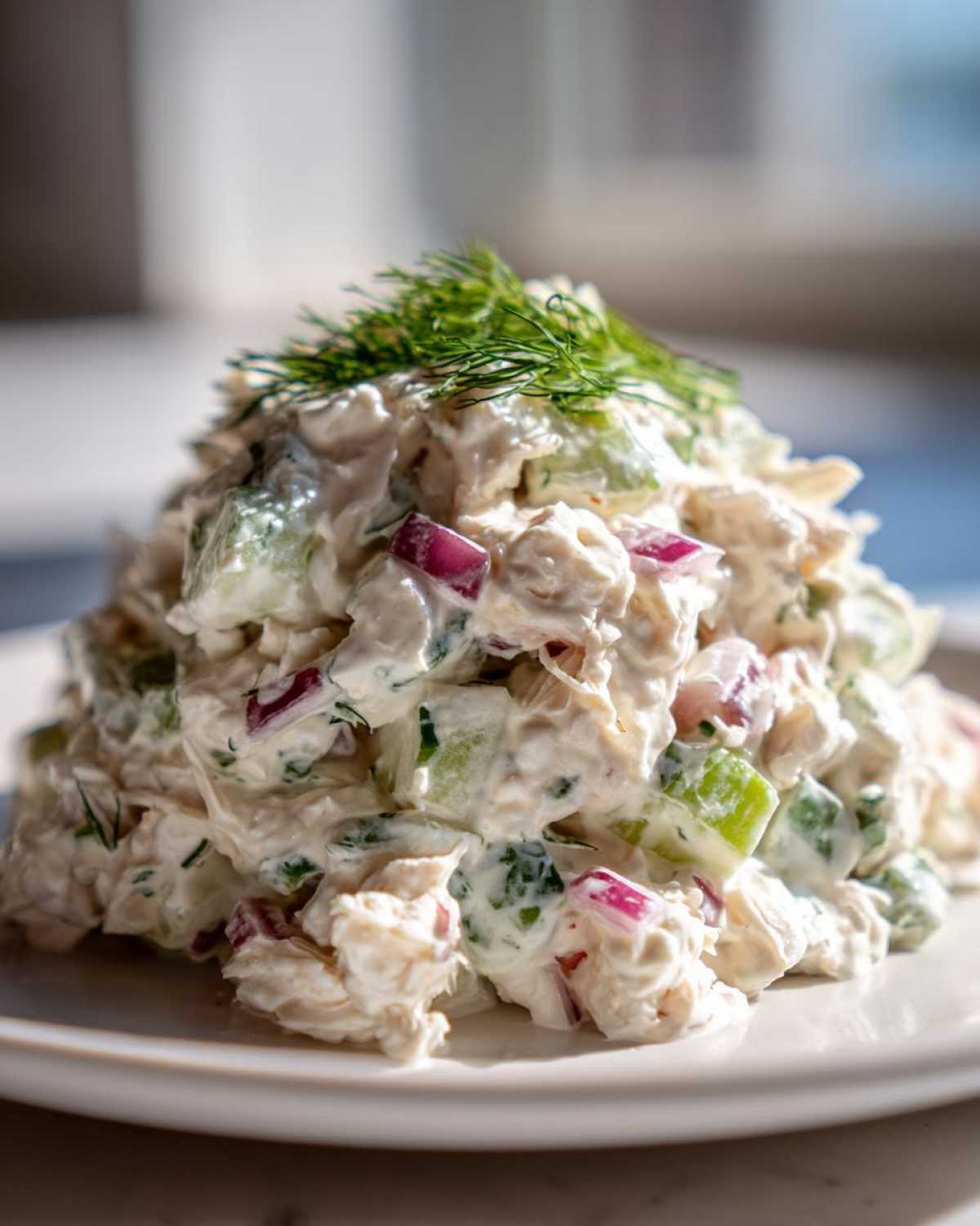 A close-up of a fresh mound of cottage cheese chicken salad mixed with celery and red onion, topped with fresh dill.