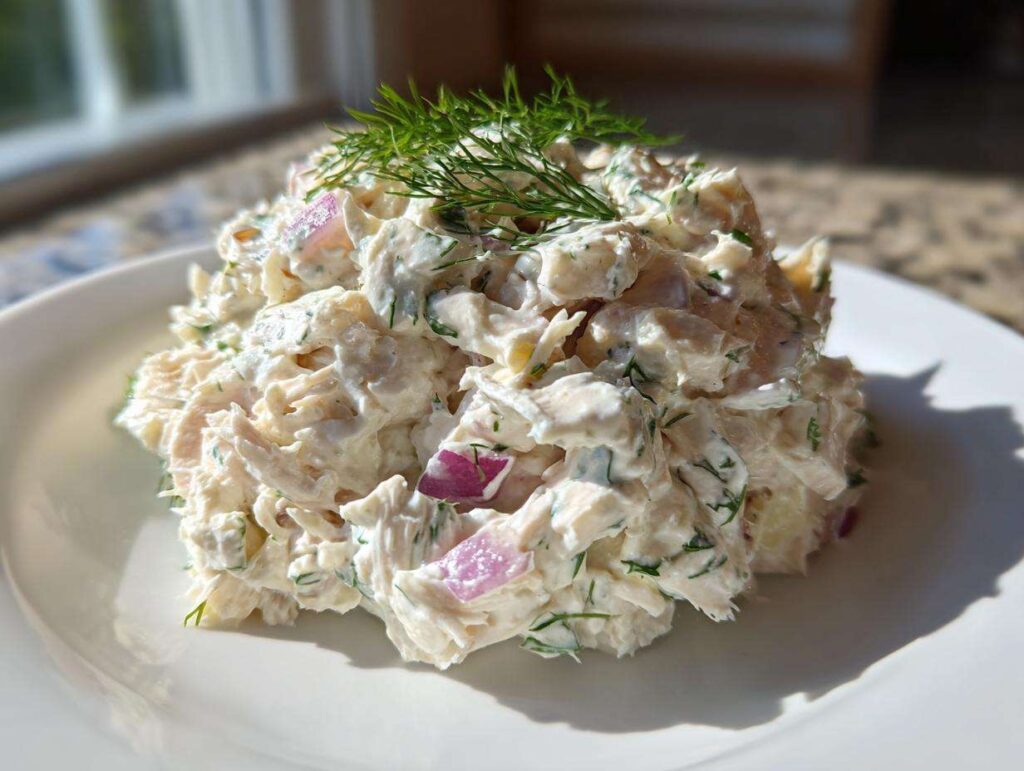 A mound of creamy cottage cheese chicken salad mixed with red onion and dill, served on a white plate.