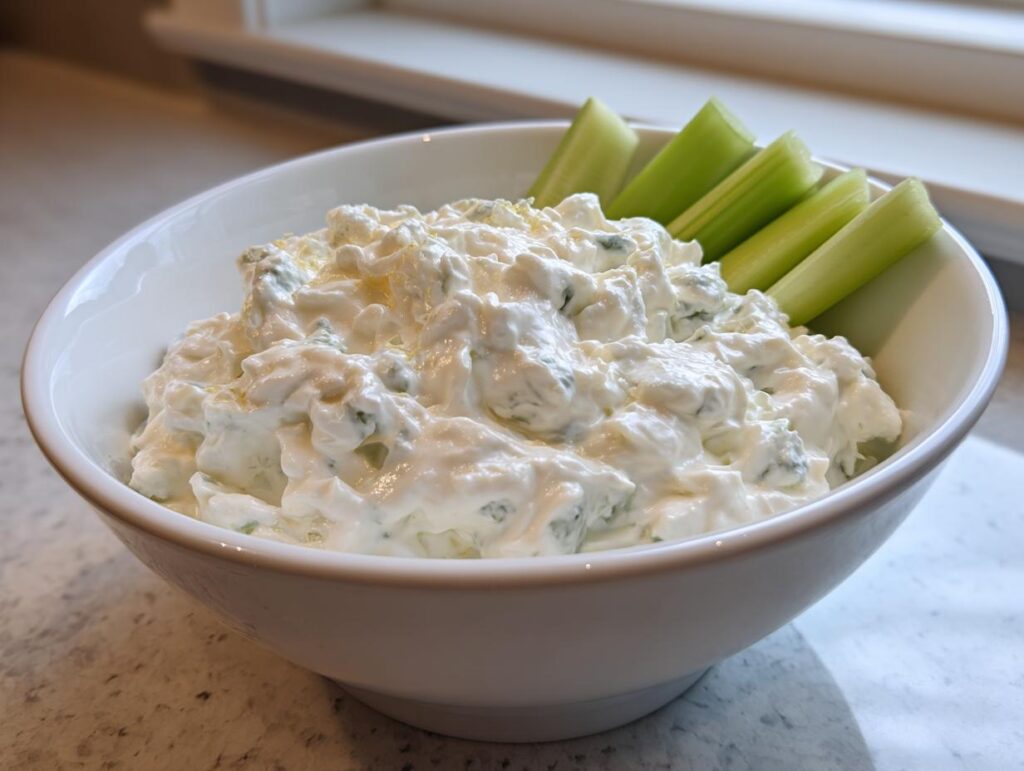 A white bowl filled with creamy blue cheese dip, served with fresh celery sticks for dipping.