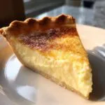 A close-up shot of a perfect slice of buttermilk pie on a white plate, showing the creamy filling and browned top.