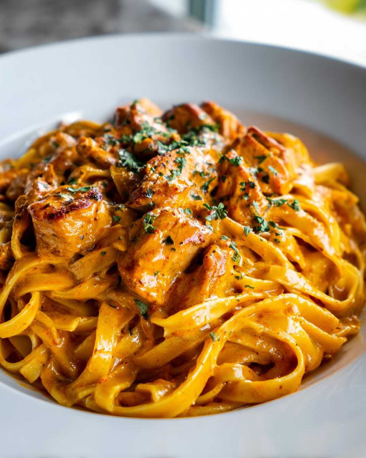 Close-up of creamy cajun chicken pasta featuring fettuccine coated in a rich orange sauce with seasoned chicken pieces, garnished with parsley.