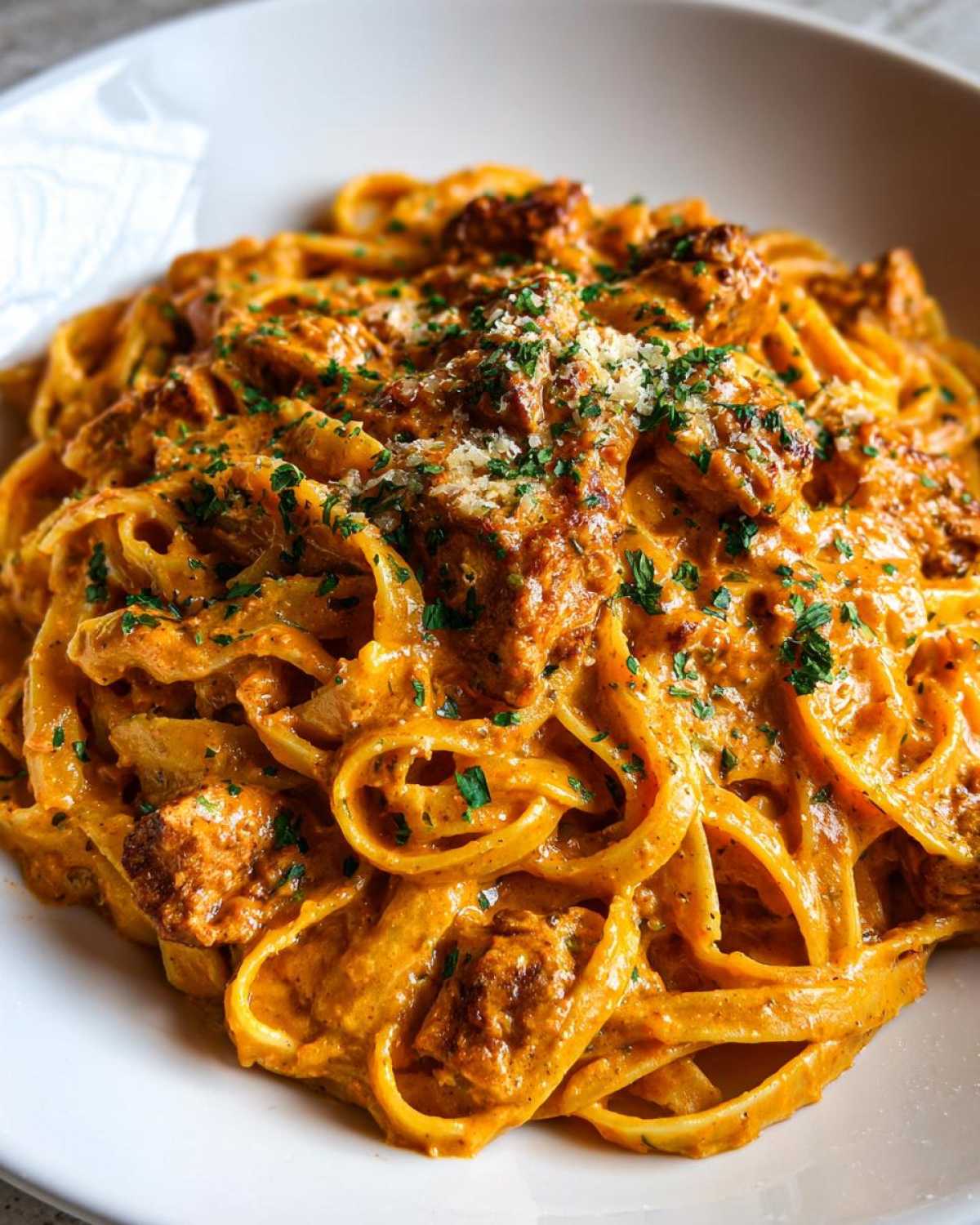 A close-up view of rich, orange-hued creamy cajun chicken pasta tossed with fettuccine, topped with parsley and Parmesan.