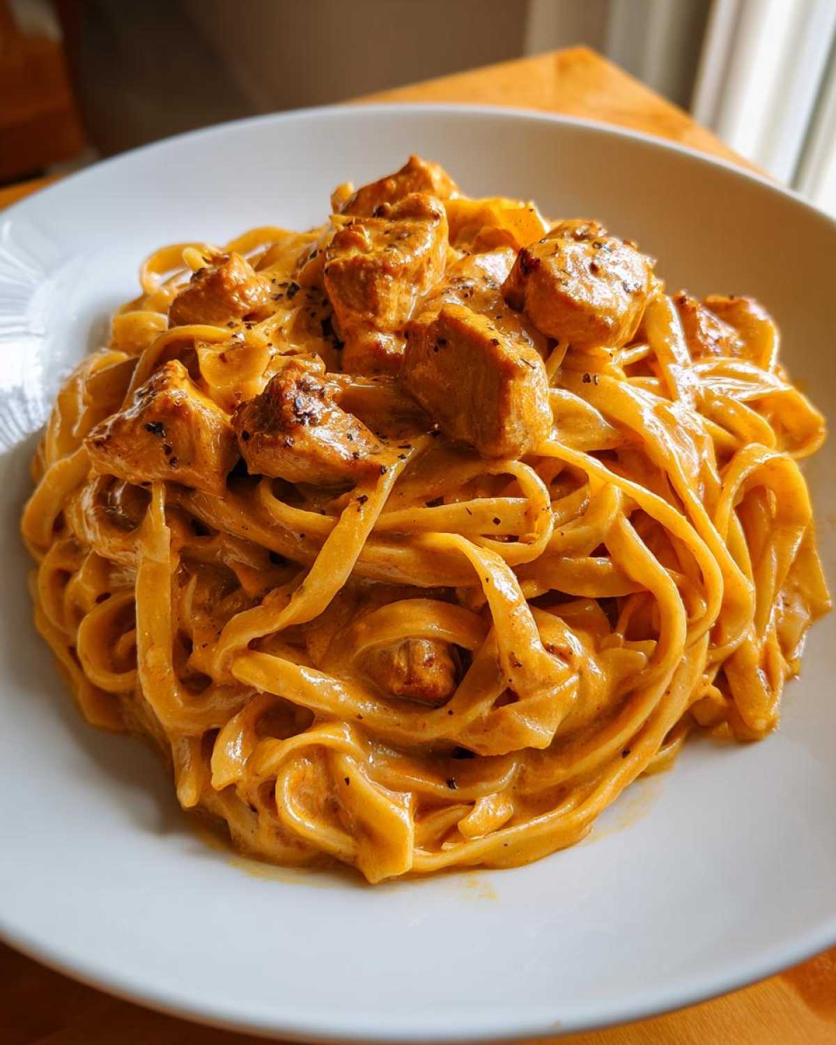 A close-up shot of creamy cajun chicken pasta featuring fettuccine noodles coated in a rich orange sauce and topped with seasoned chicken pieces.